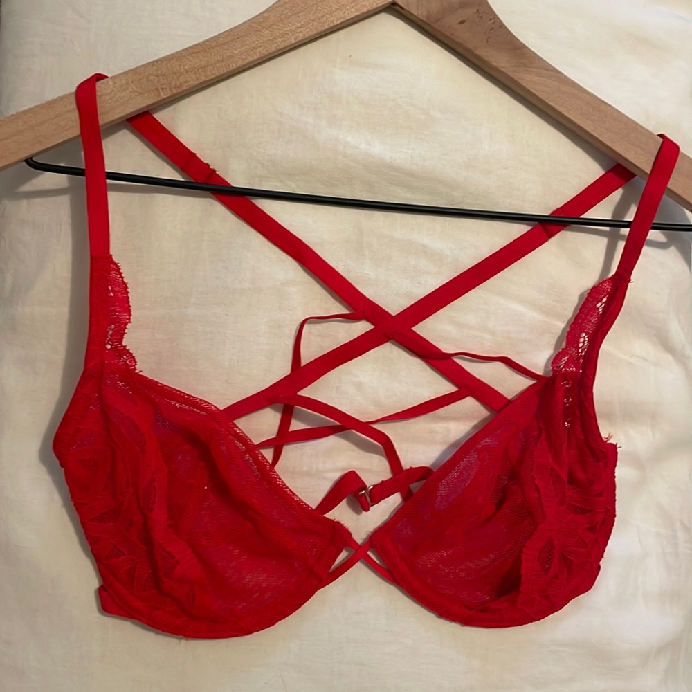 Strappy red sheer unlined bra